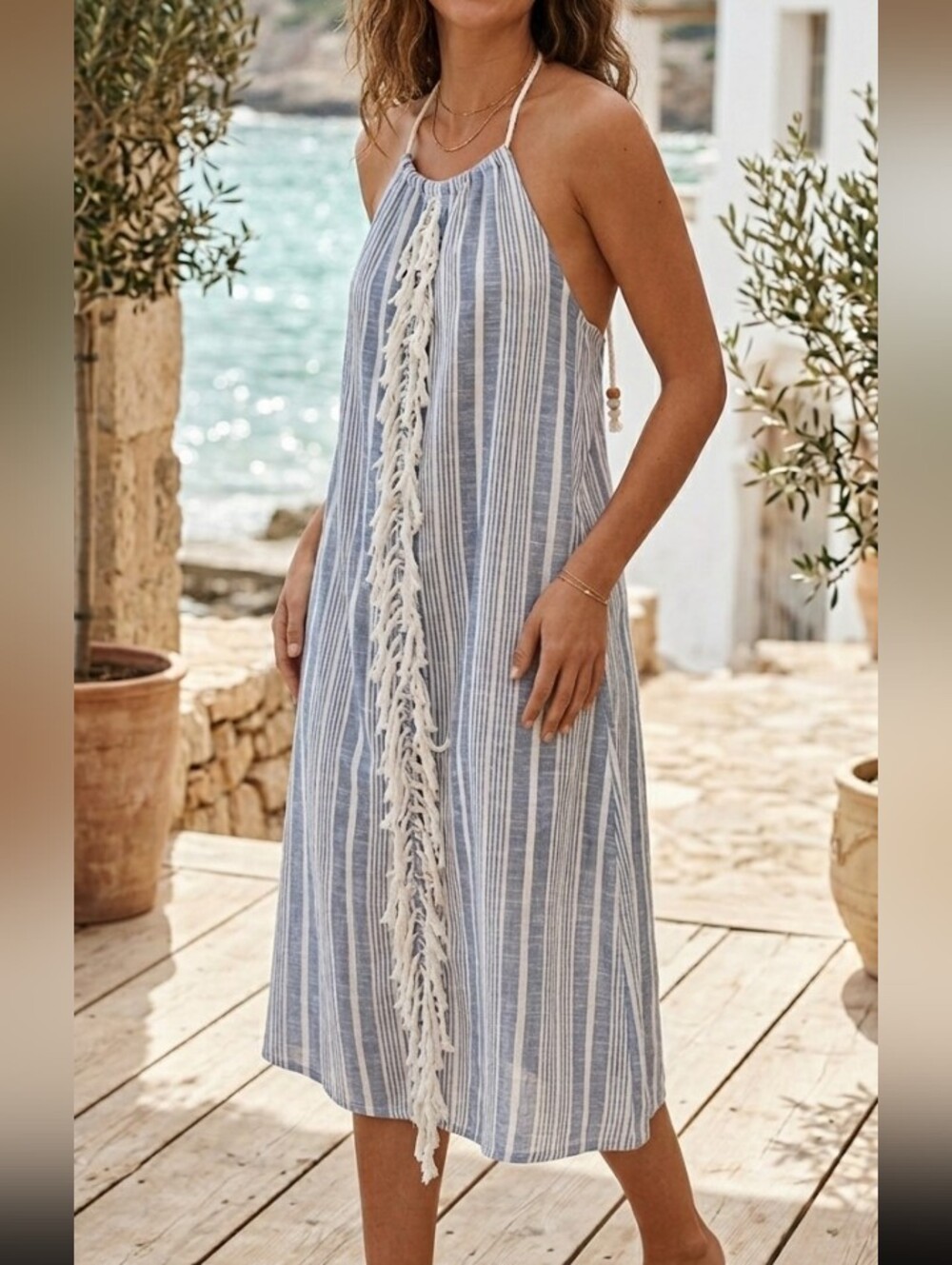 aerie Blue and White Striped Halter Midi Dress with Tassel Front